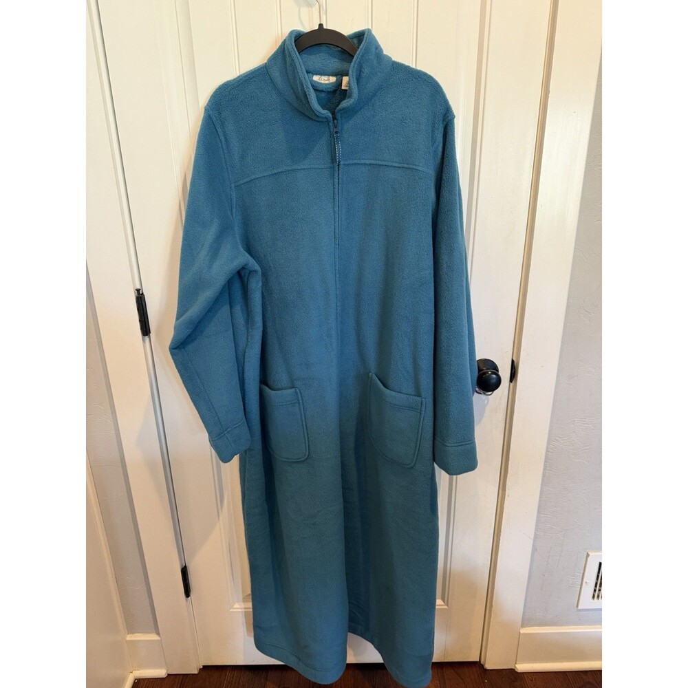 LL Bean Fleece Robe Womens 2X Plus Teal Blue Zip Front Long Housecoat Pockets